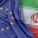 Ruffled Flags of European Union and Iran. 3D Rendering