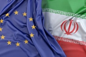 Ruffled Flags of European Union and Iran. 3D Rendering